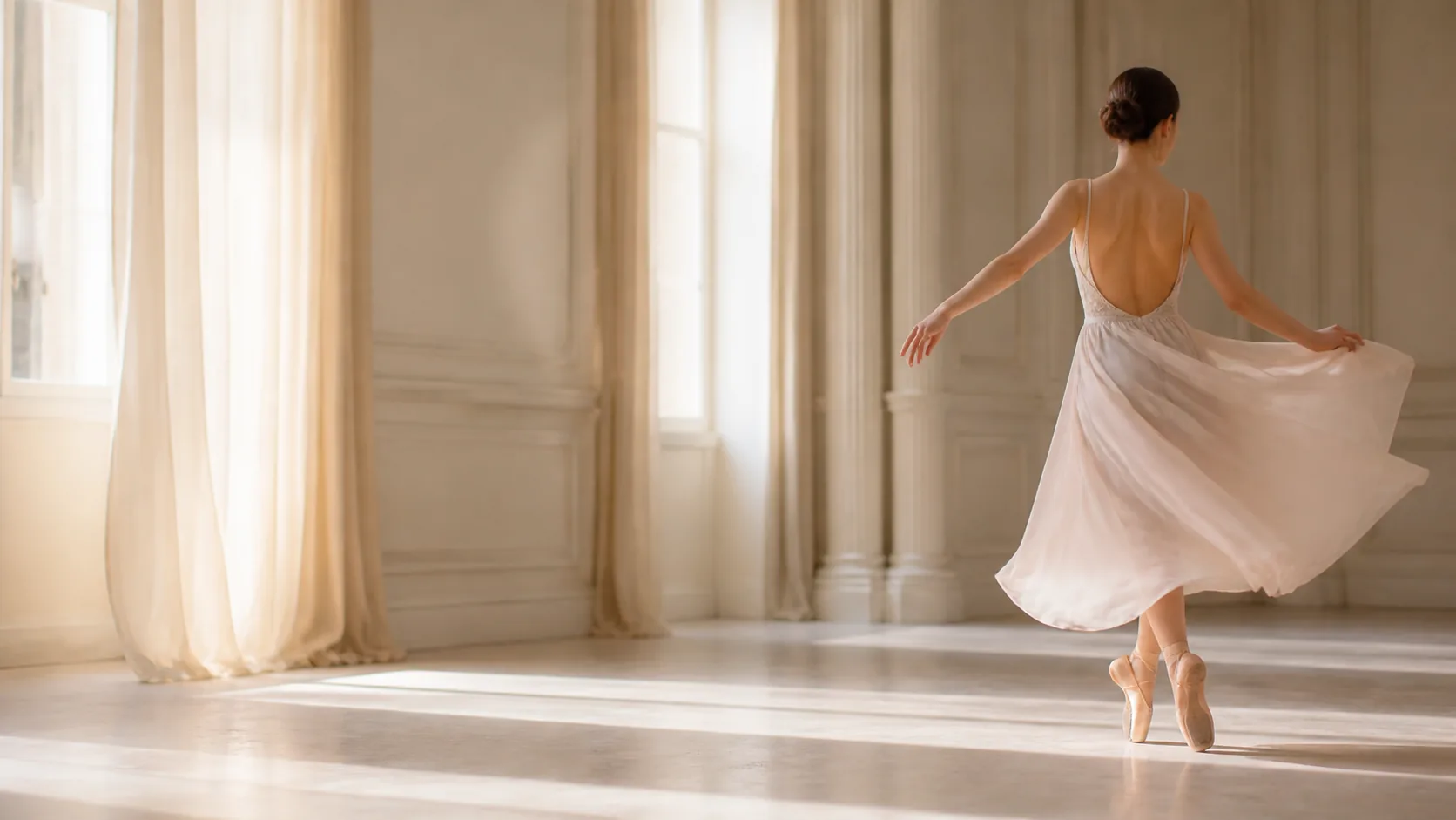 Balletttänzerin in einem hellen, festlichen Saal