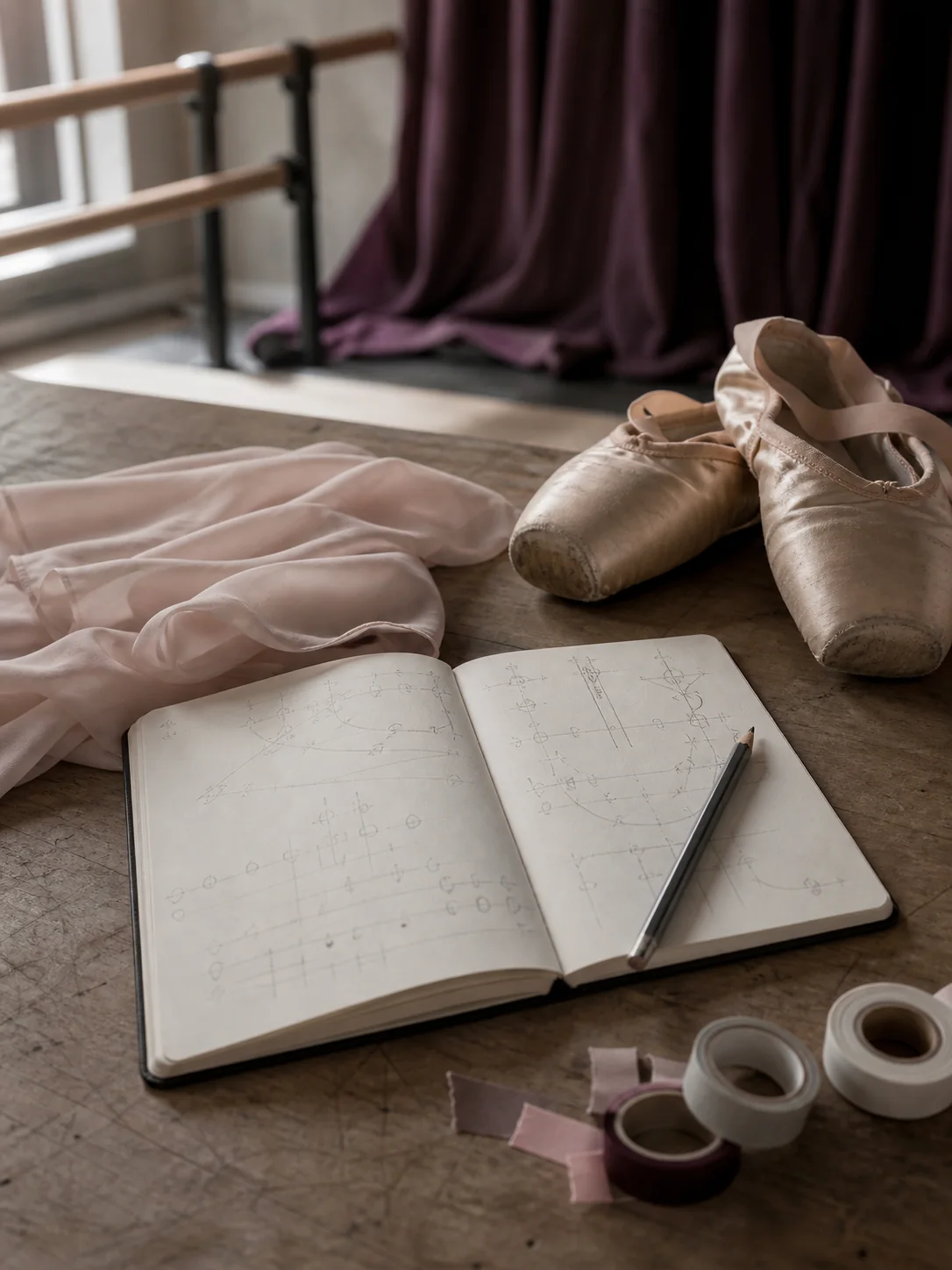Notizbuch, Ballettschuhe und Stoff als Detail einer künstlerischen Eventplanung